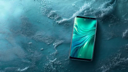 Curved screen smartphone on textured teal wet surface.