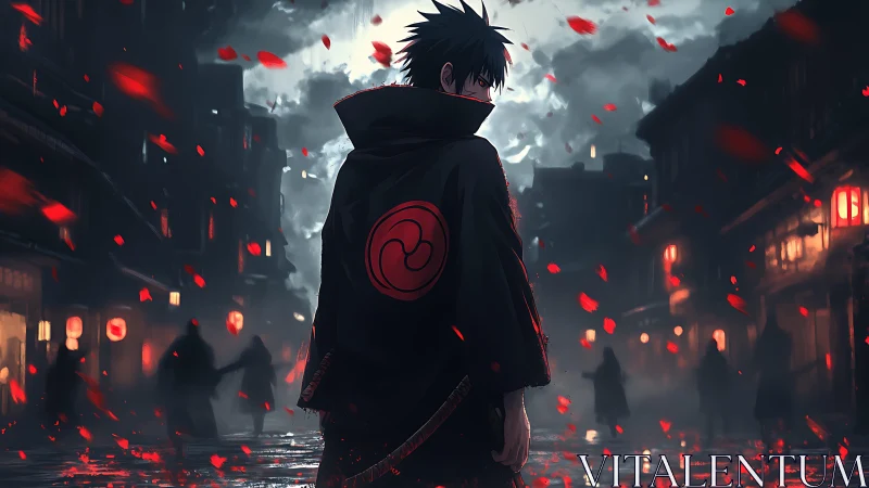 Cloaked anime swordsman in rainy lantern street with red embers