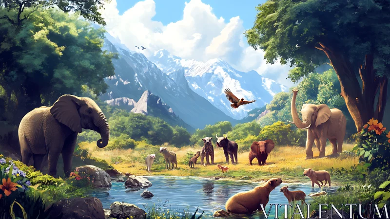 Wild animals gather peacefully beside reflective forest pond