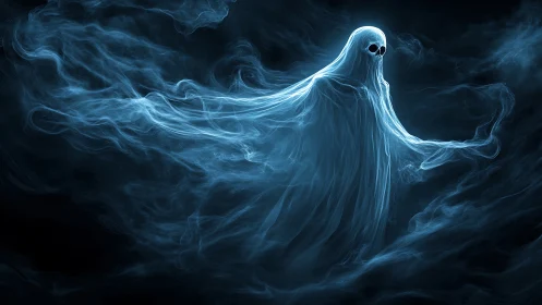 Ethereal ghostly figure drifts through swirling blue mist.