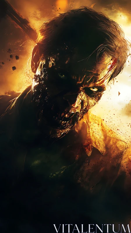 Burning undead portrait radiates feral, molten rage.