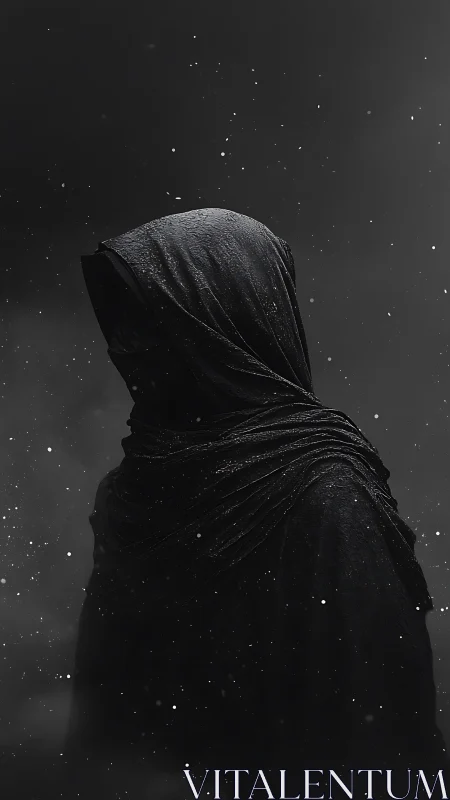 Monochrome hooded figure in minimalist chiaroscuro portraiture.
