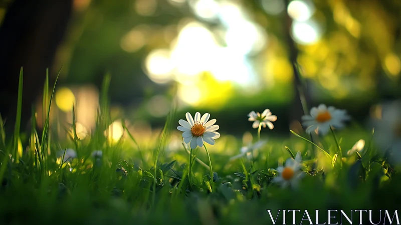 Daisy in sunlit meadow with dreamy shallow focus glow.