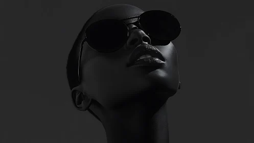 Monochrome low key portrait isolates glossy sunglasses and lips