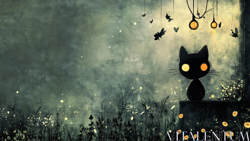 Midnight Guardian: Black Cat Commands the Enchanted Garden Below