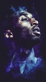 Digitally rendered male portrait in blue smoke textures.