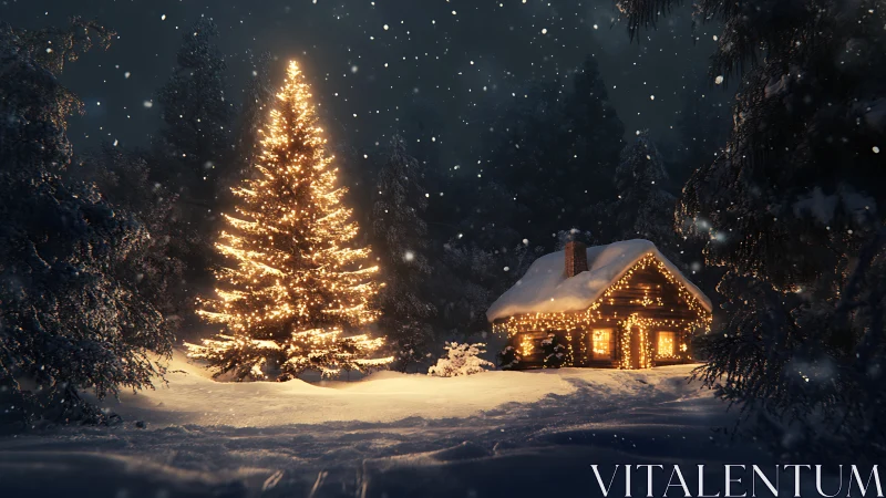 Snowy forest cabin glows beside a radiant Christmas tree