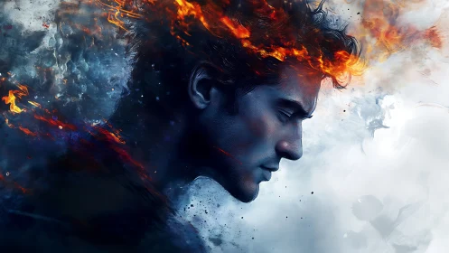 Male profile rendered in fire and ice dual element contrast