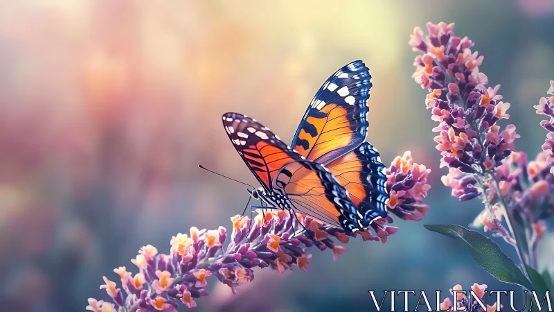 Lavender-lit butterfly poised in a pastel dream garden.