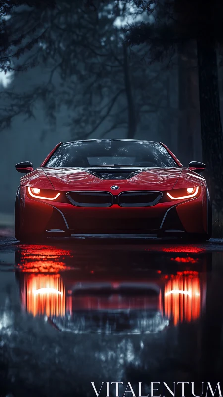 Low-angle frontal capture of red sports coupé with wet road reflections