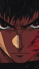 Intense anime warrior stares ahead in blood‑tinged shadows.