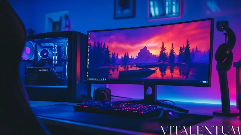Neon-soaked gaming battlestation under digital sunset glow.