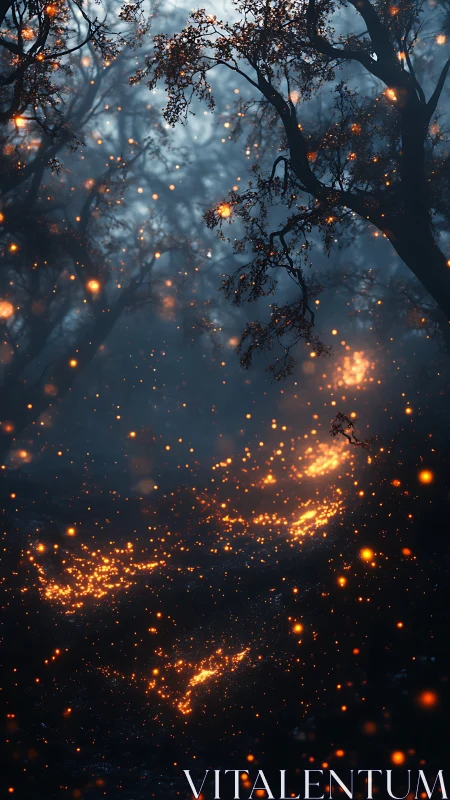Forest canopy with luminescent particle dispersal.
