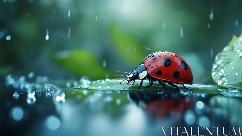 Ladybug on wet green leaf surface during rainfall.