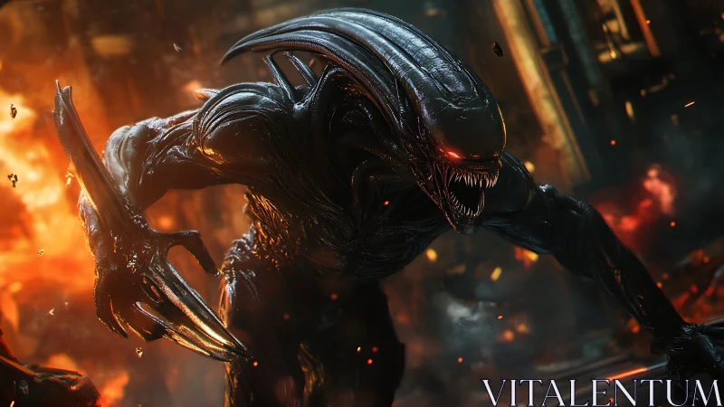 Infernal bio-metal predator lunges through a furnace-lit ruin