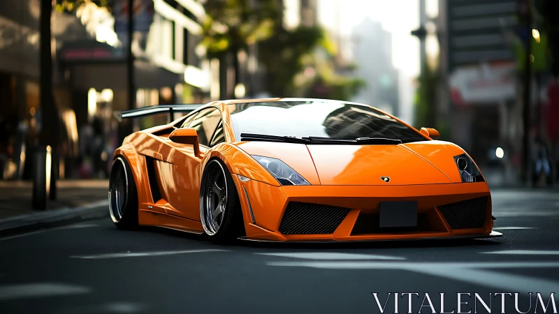 Flame-bright supercar prowls a glossy city canyon street.