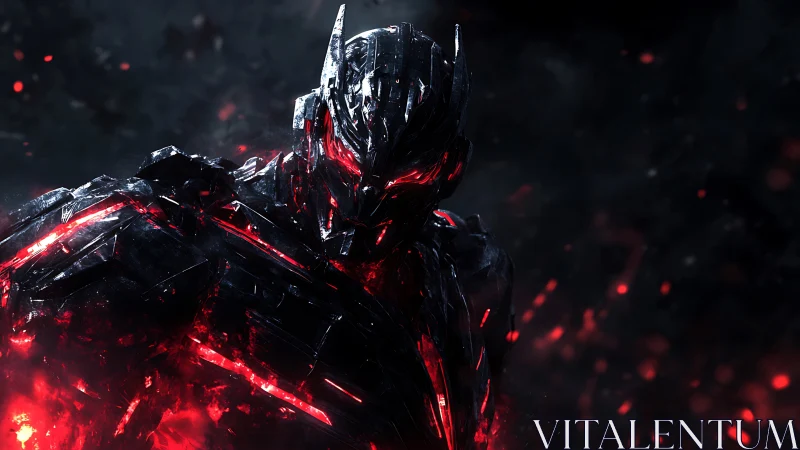 Armored humanoid figure with red energy in dark setting.