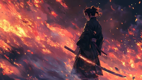 Lone samurai silhouette confronts sweeping inferno with glowing katana