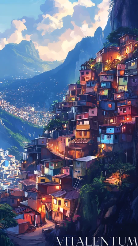 Hillside favela glows like lanterns against twilight peaks.