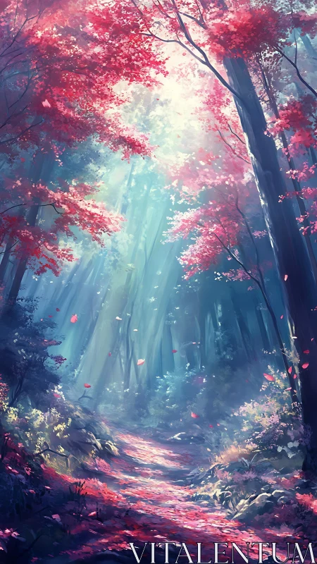 Enchanted Forest Path Glowing with Pink Blossoms.