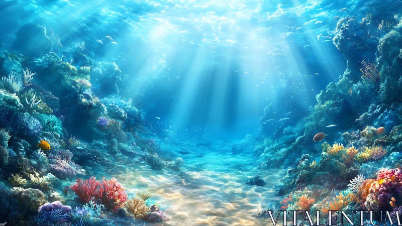 Sunlit underwater reef scene shows corals and fish distribution