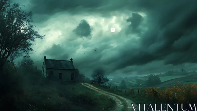 Moonlit cottage waiting quietly beneath storm-heavy skies.