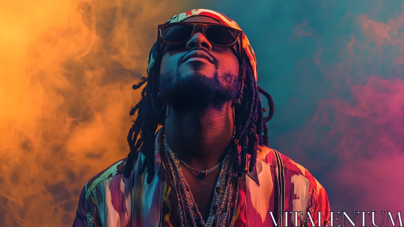 Neon smoke crooner basking in sunset funk and cool glow.