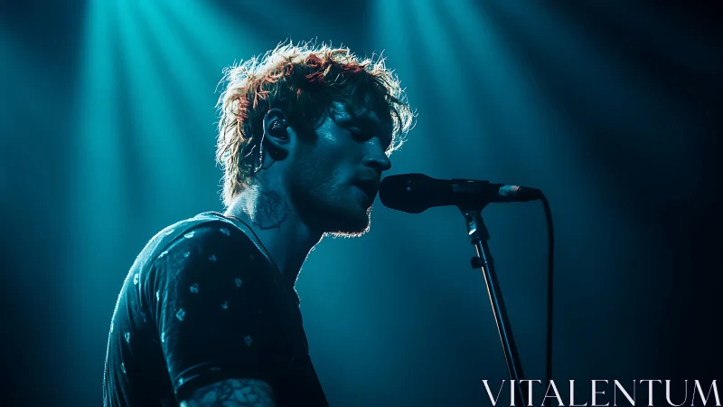 Moody blue stage lights cradle a singer lost in song