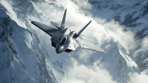 Stealth jet slices through icy mountain clouds at speed