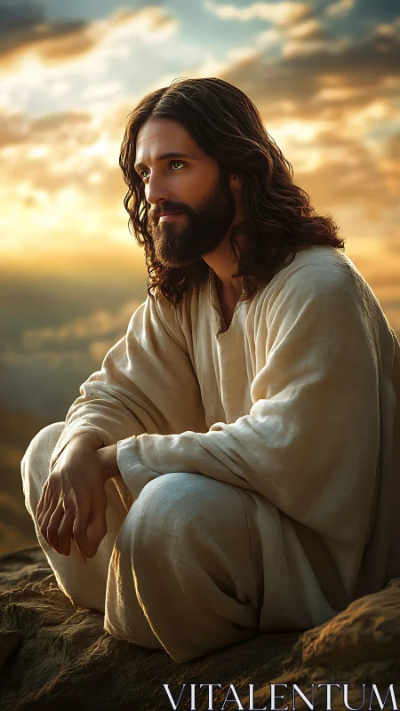 Serene robed figure on rocky ledge in warm sunset light.