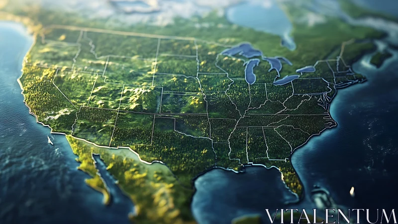 Sunlit miniature America rises from the ocean like carved jade