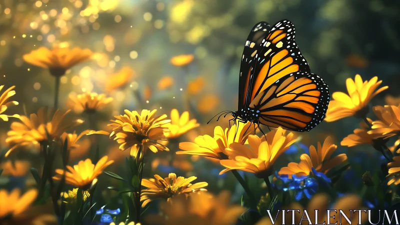 Monarch butterfly resting on yellow wildflowers in sunlight.