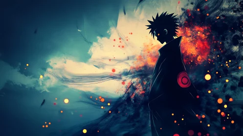 Shadowed wanderer drifts through embers and painted storm