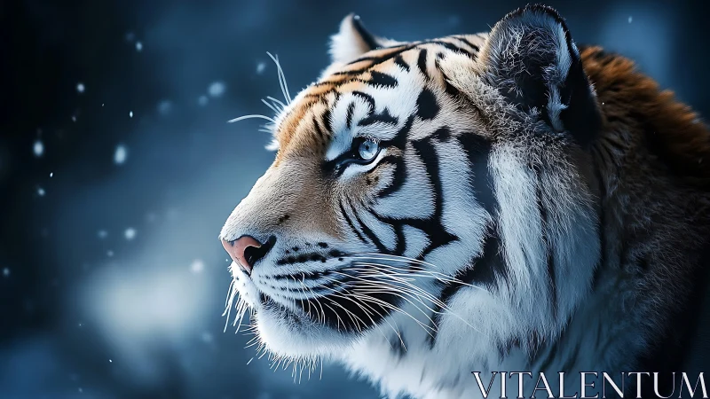 Side profile of tiger in cold blue-tinged winter setting.