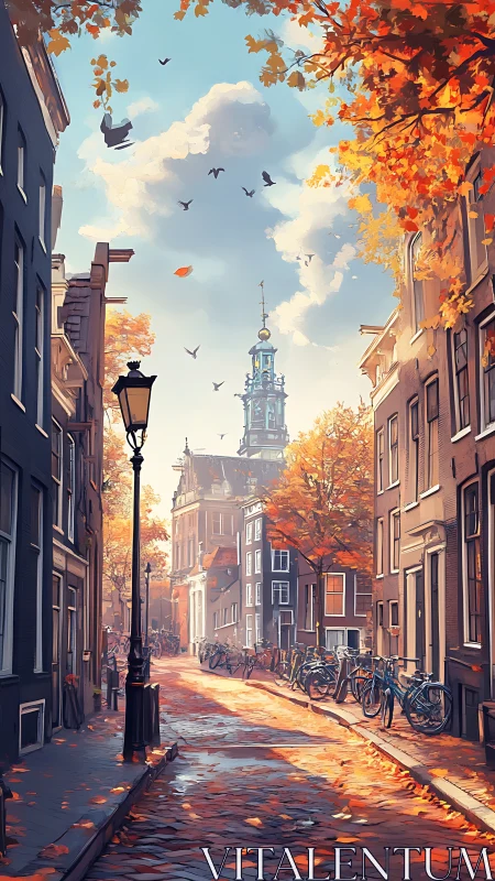 Golden autumn light warms a quiet European canal street