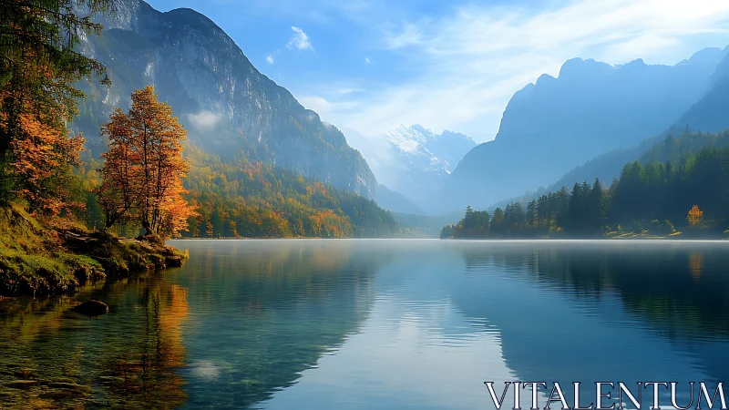 Mountain lake reflects forested slopes under soft morning light