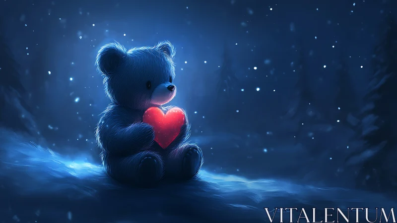 Teddy bear cradles glowing heart in icy blue snowfall night.