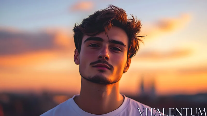 Young man portrait against blurred urban sunset sky.