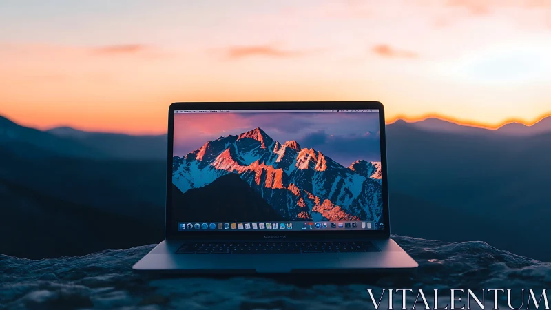 Sunlit laptop portal mirroring alpine peaks at dusk.