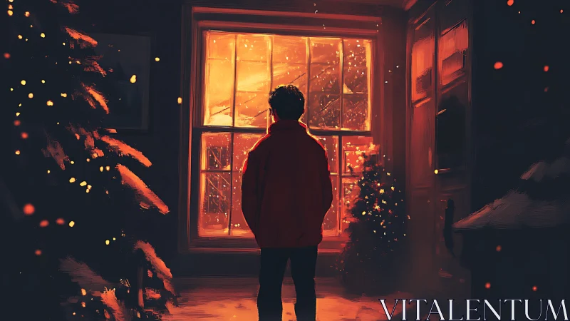 Figure at window observing winter night illumination.