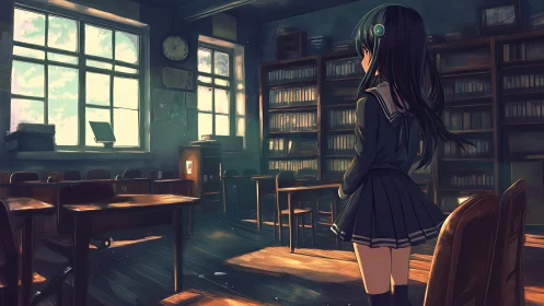 Backlit anime schoolgirl in sunlit library-classroom hybrid interior.