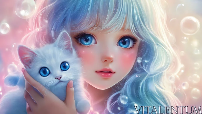 Starlit bubble girl cradling a blue eyed cotton cloud cat.