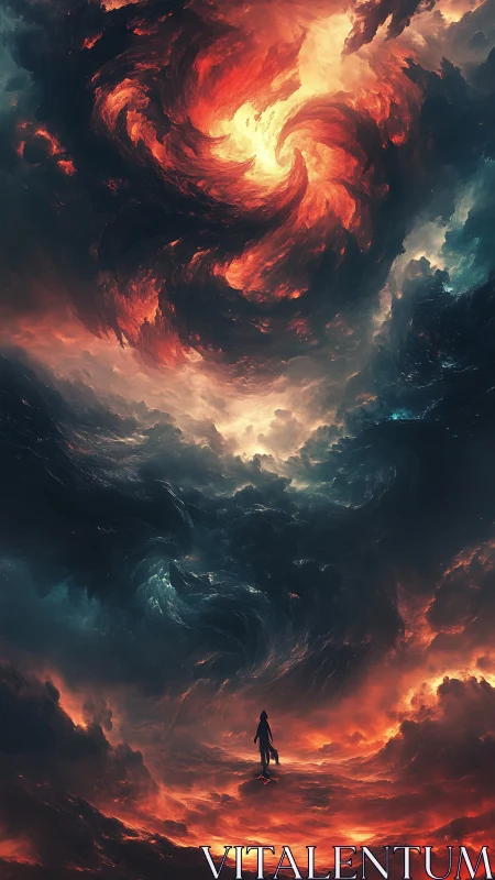 Storm-wreathed wanderer beneath apocalyptic cosmic vortex.