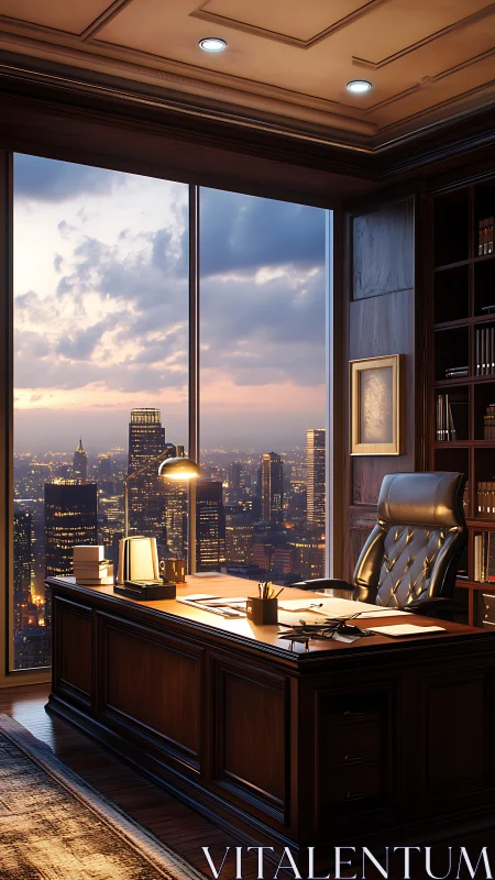 Twilight executive office overlooking a glittering cityscape.