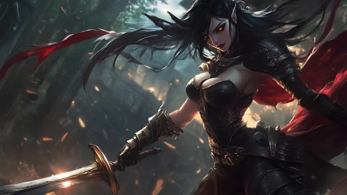 Dark elven warrior brandishes blazing sword in stormy forest.