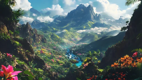 Lush tropical valley and river leading toward misty peaks.