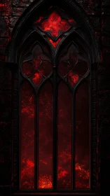 Gothic arched window framing infernal red stained glass surface.