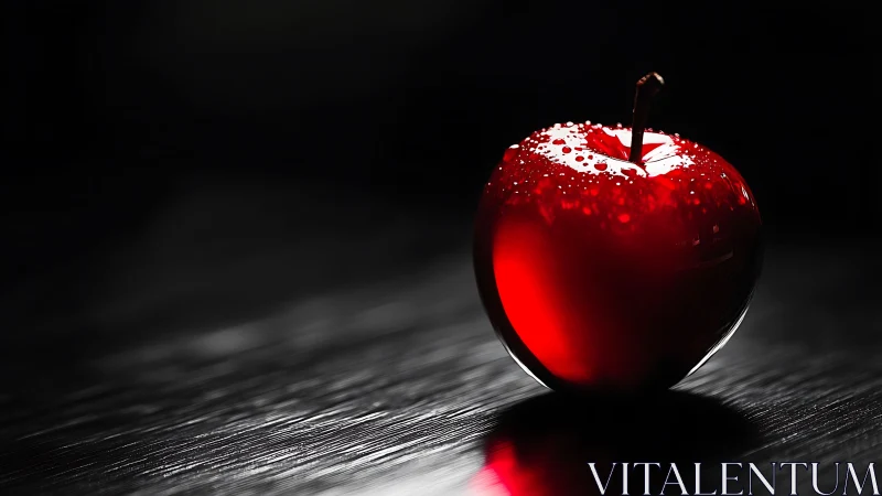 Glossy red apple gleams against dramatic dark background.