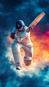 Dynamic cricket batter leaps into a powerful, fiery shot
