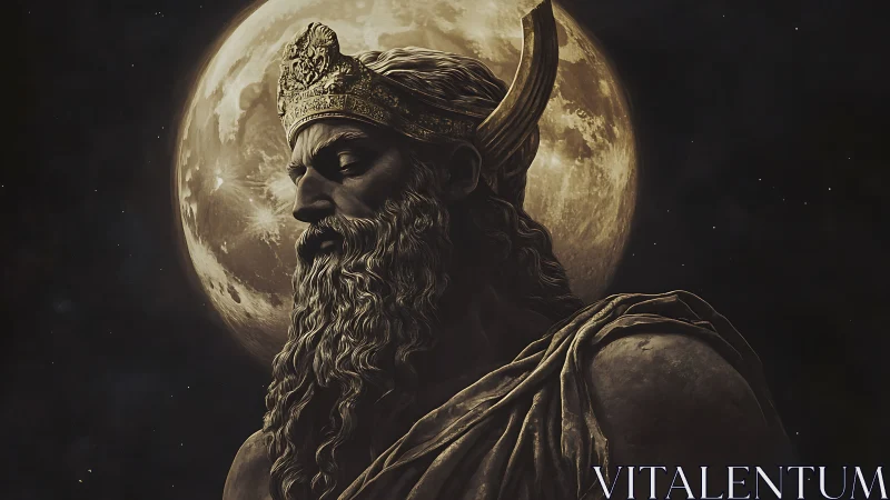 Lunar backlit mythic monarch rendered in chiaroscuro detail.
